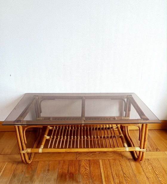 Vintage rotan salontafel uit de jaren 60 – Rattan, Glass (photo 5 of 10)