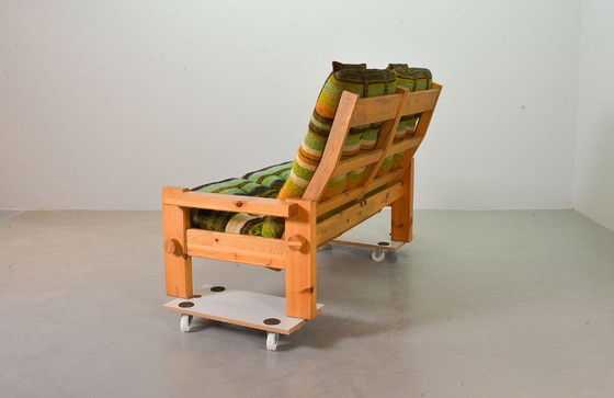 Image 1 of Yngve Ekstrom Mid-Century Scandinavian Design 2-Seat ‘Dymling’ Sofa in Pinewood and Rainbow Fabric for Swedese. Sweden, 1970s.
