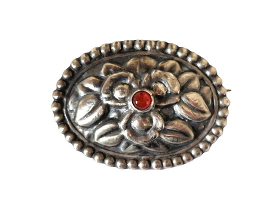 Image 1 of Broche ancienne danoise en argent et cornaline - Poinçonnée