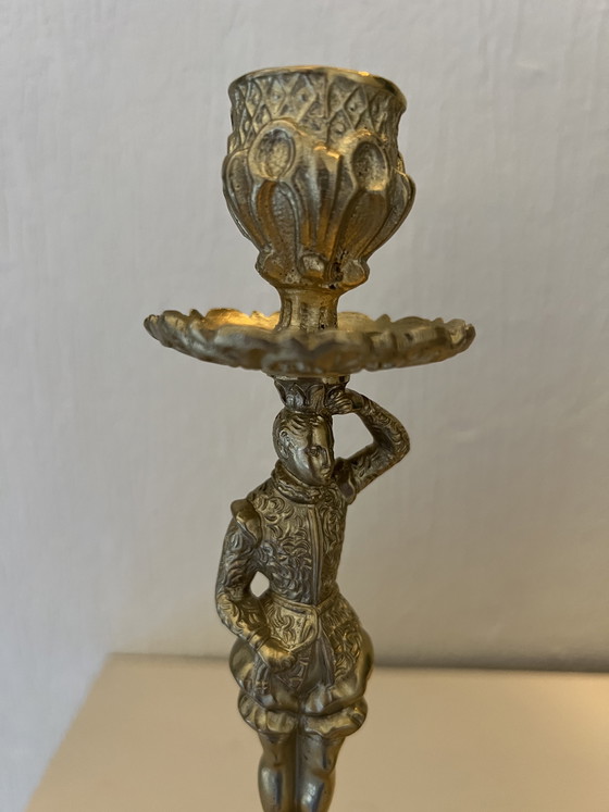 Image 1 of Pair of Empire style bronze candlesticks with female and male figurines