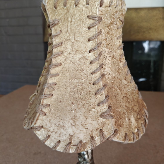 Image 1 of Vintage Tribal Figurine Table Lamp with Hand-Stitched Rawhide Shade and Onyx Base