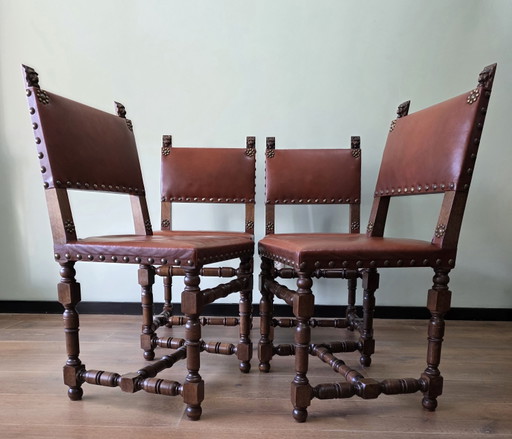 Set 4 vintage leren eetkamerstoelen eiken