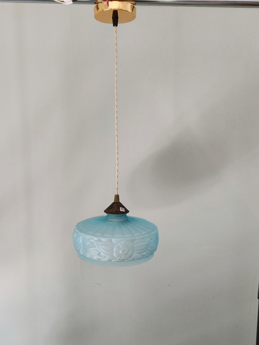 Vintage hanging lamp in frosted blue glass