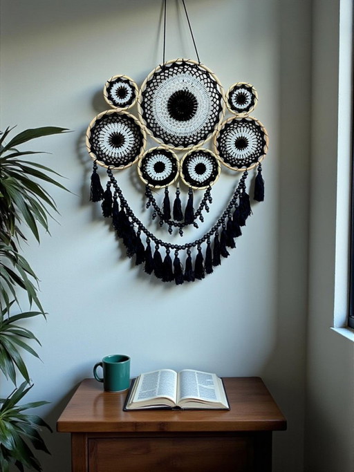Large handmade black dreamcatcher – wall decoration with seven rings and tassels