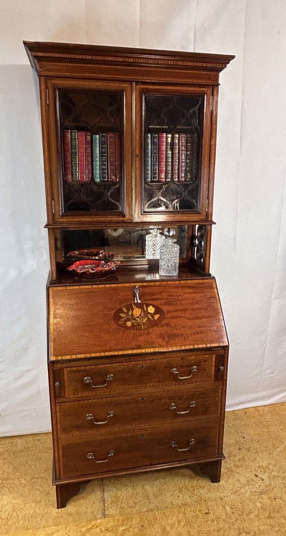 Image 1 of Antiek Edwardiaans Bureau met Ingelegd Bloemendetail - Begin 20e Eeuw Elegantie tijdloos raffinement met
