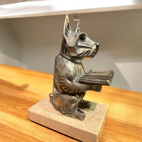 Image 1 of Pair of Art Deco bookends in silver pewter - Reading scotch terriers on marble slabs with compact dimensions