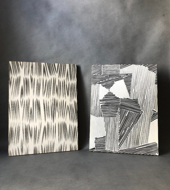 Image 1 of Set of 2 vintage wooden panels with print patterns 1960s / 1970s