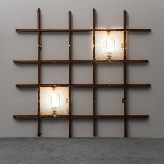 Image 1 of 2-LIGHT WALL LAMP WITH TEAK GRID FRAME MAZZEGA 1960S VINTAGE MODERN ANTIQUES