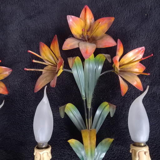 Pair of antique sconce lamps XX sheet metal Iron Flowers Lilies vintage 20th century