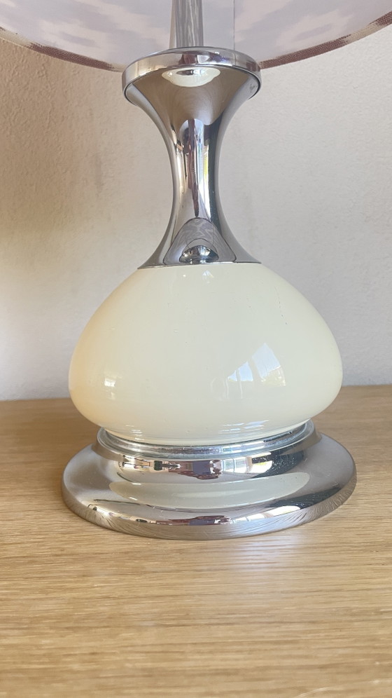 Image 1 of Vintage Handmade Table Lamp (44cm) – Chrome & Beige Base with Old Rose Ikat Shade