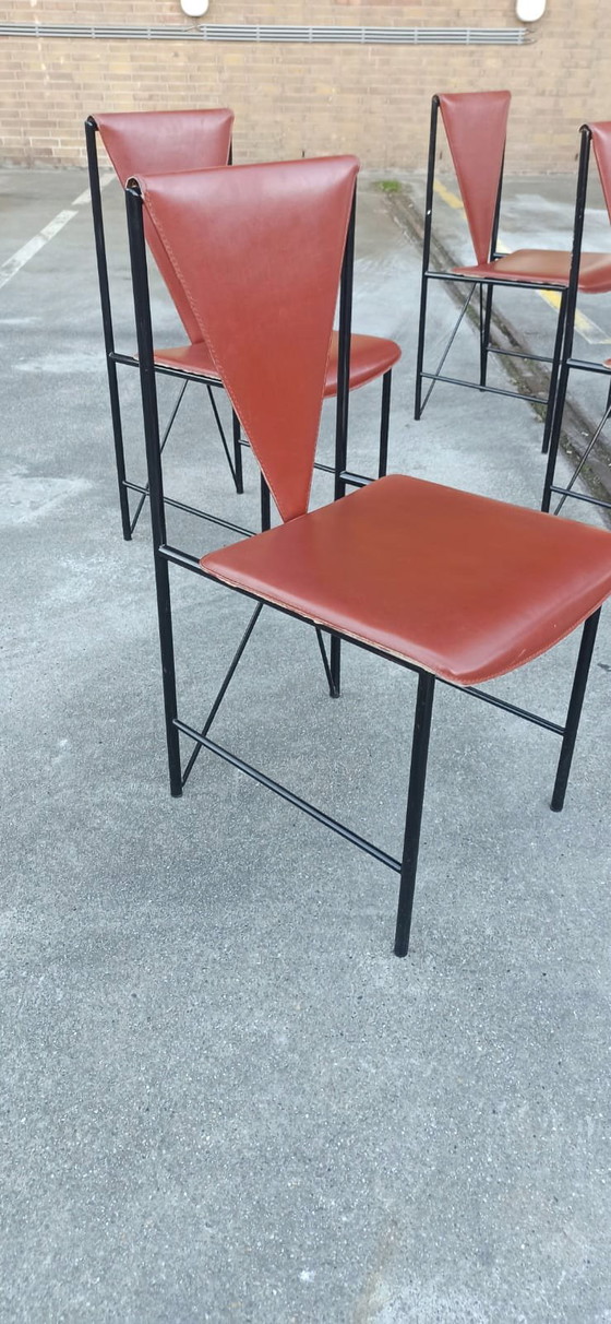 Image 1 of 4 x Vintage Postmoderne Leren Eetkamerstoelen
