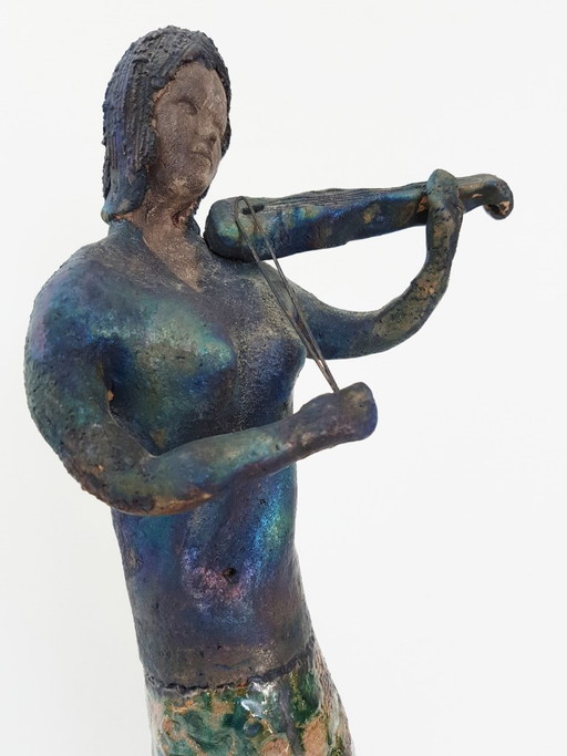 Violoniste Céramique Terre Cuite Ancien Vintage Signature à Déchiffrer 1950
