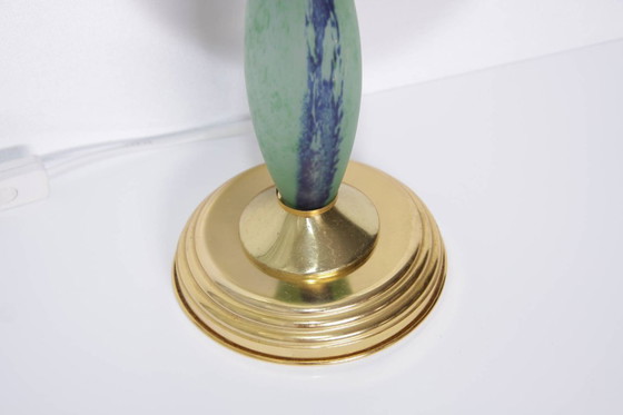 Image 1 of Tafellamp glazen kap opaal glas kunststeen messing 46cm 80s vintage