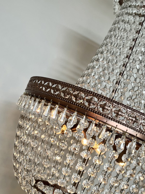 Image 1 of Vintage kristallen kroonluchter hanglamp met punt pegels Zakkroonluchter brons frame