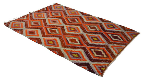Tappeto turco vintage Usak Kilim 257x170 cm – Tessuto a mano in lana con audace motivo geometrico a rombi, (photo 5 of 10)