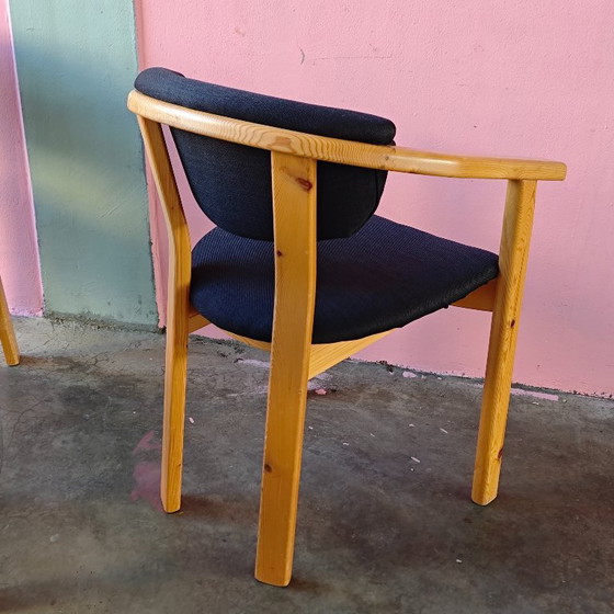 Set of 4 wooden dining chairs with dark blue upholstery, Textile, Brown, Scandinavian (photo 7 of 7)