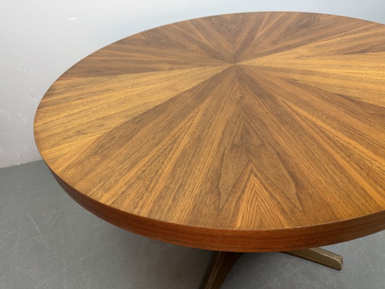 Image 1 of Mid-Century Design Round Adjustable Wooden Veneer Coffee / Dining Table by Ilse Möbel with Solid Centered Pedestal, Germany 1960