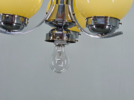 Image 1 of Art Deco Chrome and Opaline Glass Chandelier, Czechoslovakia