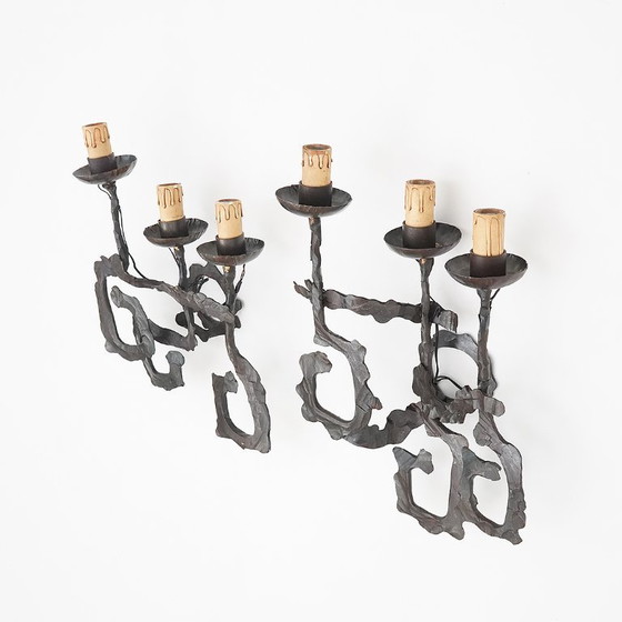 Image 1 of Pair of Brutalist wrought iron wall lamps, 1960s