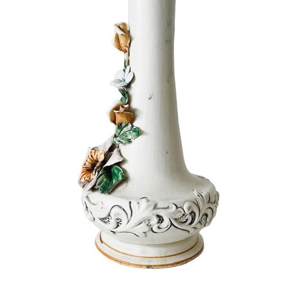 Image 1 of Vintage Italian Baroque Capodimonte Vase Porcelain Rococo Flowers 1960s