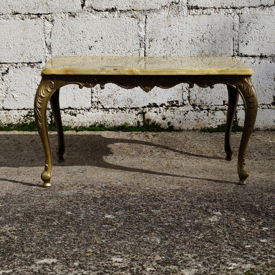 French Vintage Coffee Table with Onyx Top and Ornate Metal Legs, Stone, Green (photo 2 of 14)