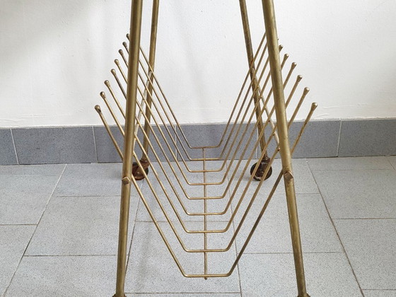 Image 1 of Vintage 1950s Brass & Marble Rolling Magazine Rack Side Table