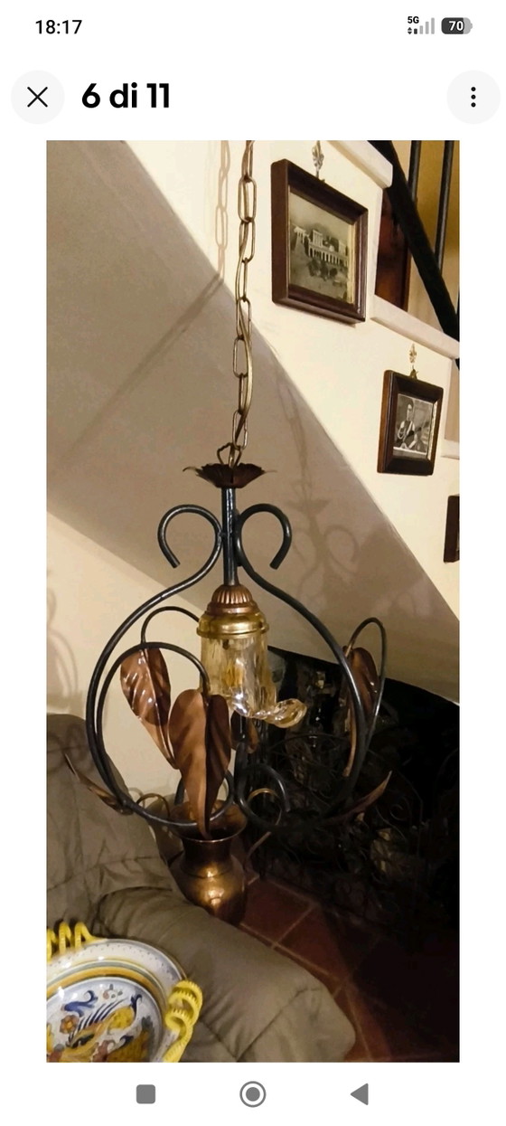 Vintage Wrought Iron Chandelier with Metal and Glass Leaves, Rustic Suspension – Pendant lamps (photo 8 of 11)