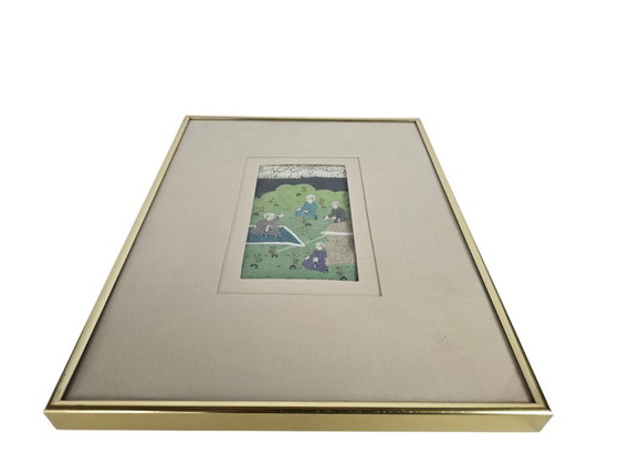Image 1 of Watercolor - Manuscript - Antiek - Indo - Perzisch - Handgeschept Papier - Miniaturen (3) - Handgeschreven Teksten - 19e Eeuw