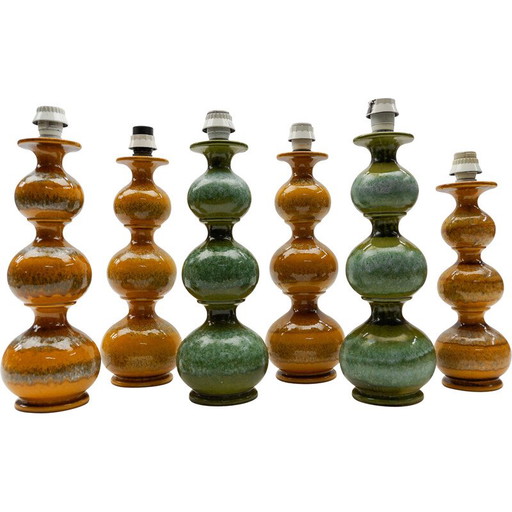 Ensemble de 6 lampes de table vintage en céramique orange, Allemagne 1960