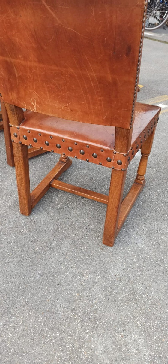 Image 1 of 6 x vintage  Spanish solid wood and leather dining chairs