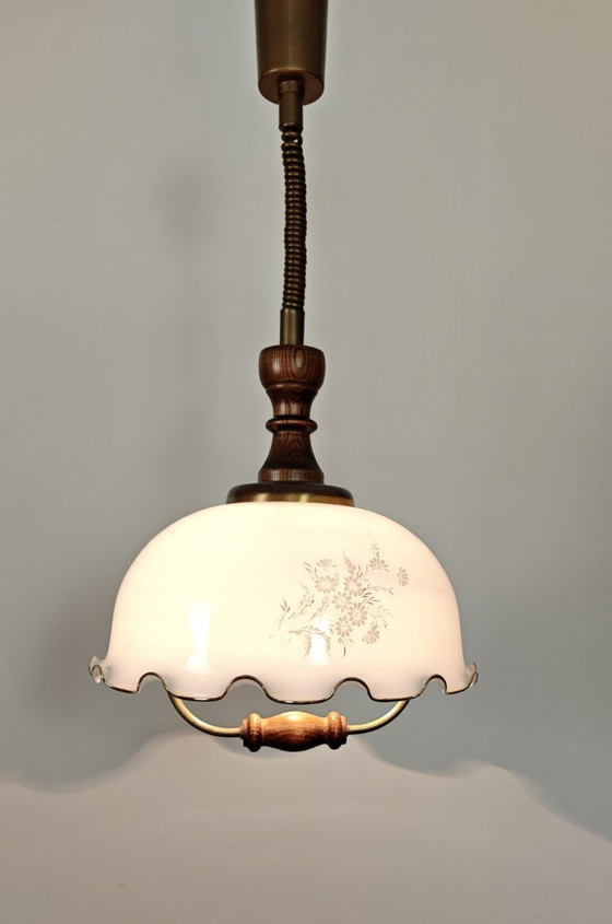 Image 1 of Vintage 1970s Opaline Glass Pendant Light / Mid Century Modern Ceiling Lamp / Scalloped Floral Shade with Wood Brass / 