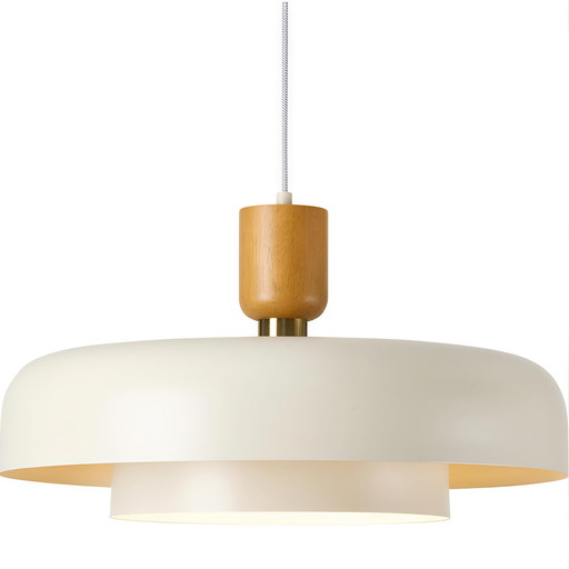 Moderne Design Hanglamp Crèmekleurig Met Verfijnde Afwerking En Accenten Van Metaal En Hout, Inclusief Plafondaansluiting