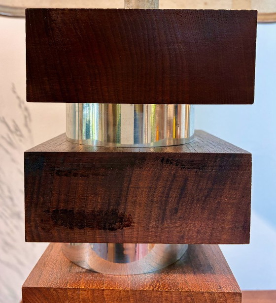 Large Vintage Architectural Table Lamp – Stacked Noble Wood & Chromed Metal Base, Rectangular Lampshade (photo 3 of 6)