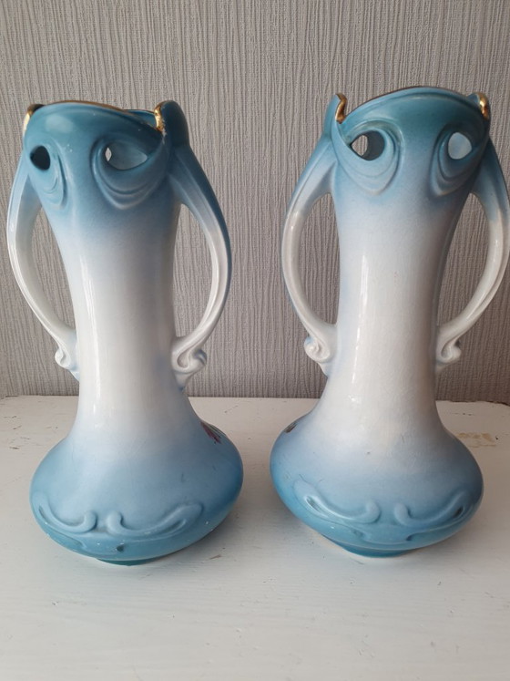 Image 1 of Pair of Art Nouveau vases - Saint-Ghislain (Belgium) - 31 cm