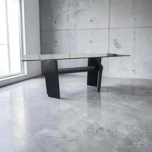 Post Modern cast iron black dining table or desk with glass top / 1980s
