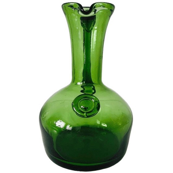 Image 1 of Brocca vintage in vetro verde soffiato a mano a forma di sigillo, Francia, metà secolo, anni '70