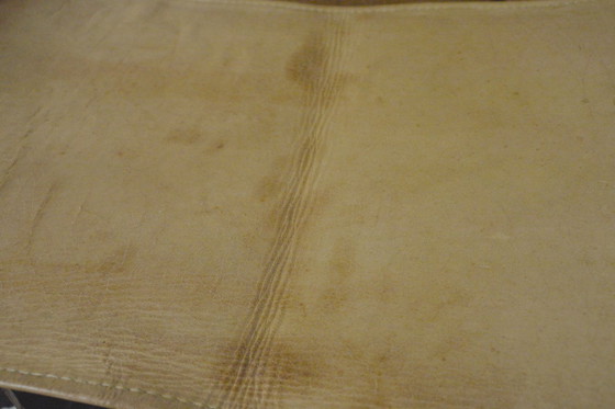 Image 1 of Brutalist Folding Stool Leather Sling Seat Hand Carved Wood X Frame 1950s Rustic Mid Century Ottoman