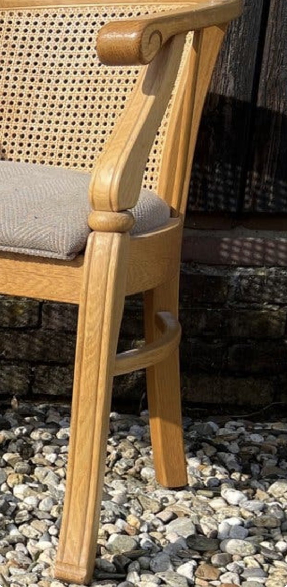 Set aus 4 schlichten Eichen-Esszimmerstühlen – Rattan, Textile (photo 6 of 6)
