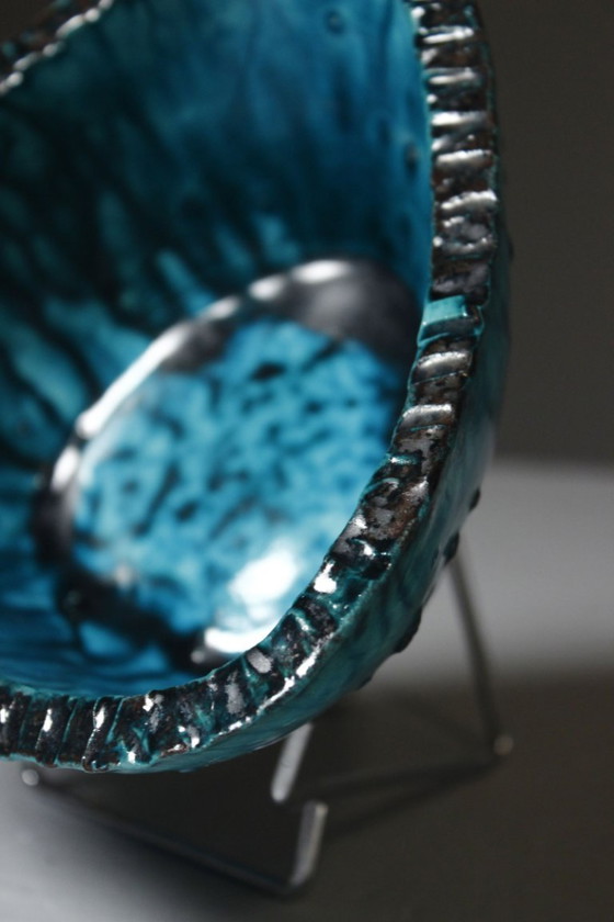 Image 1 of Accolay - Turquoise & black glazed ceramic fruit bowl, France, 1950s