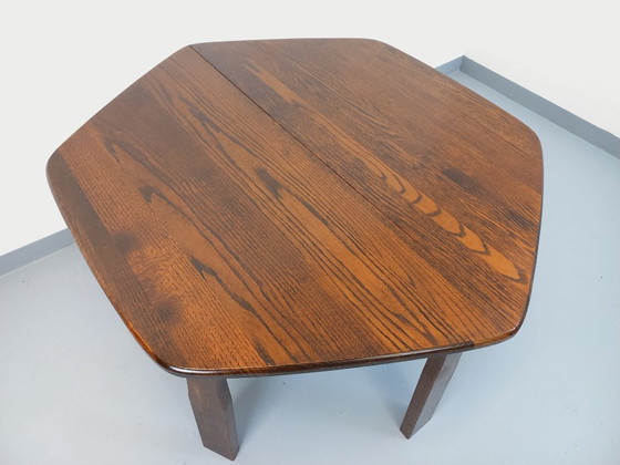 Image 1 of Vintage brutalist hexagonal oak dining table from the 1950s with extension