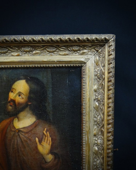 Image 1 of San Giuseppe con in mano un giglio, olio su tela scuola francese del XVIII secolo 51x48 cornice in legno dorato