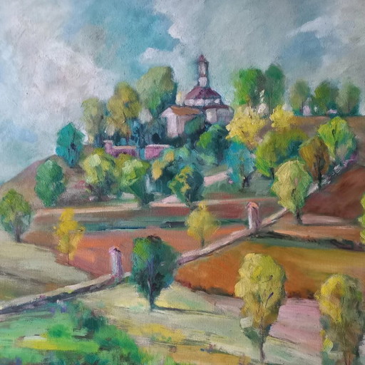 CARLES COMPTE | Paesaggio collinare con cappella | Dipinto originale ad olio su tavola