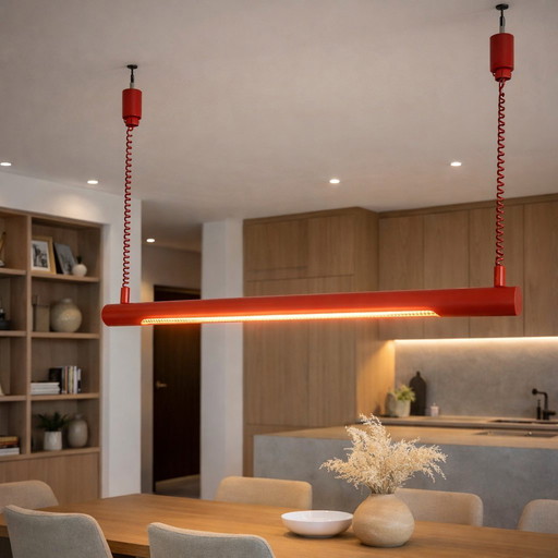 Vintage in hoogte verstelbare rode fluorescent buis lamp (Massive) (retro TL verlichting)