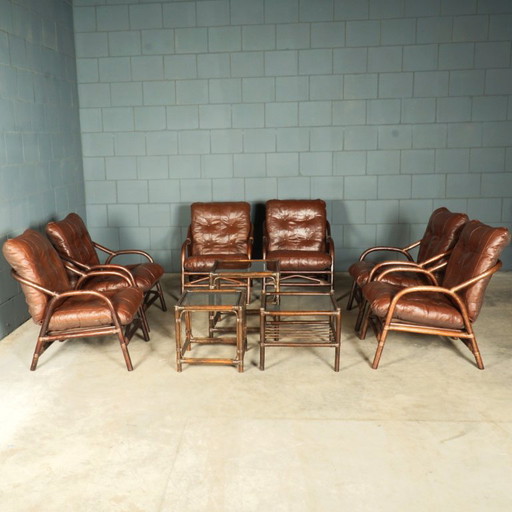Ensemble de salon vintage en bambou – 6 fauteuils et 3 tables assorties – Années 1960 – Bamboo