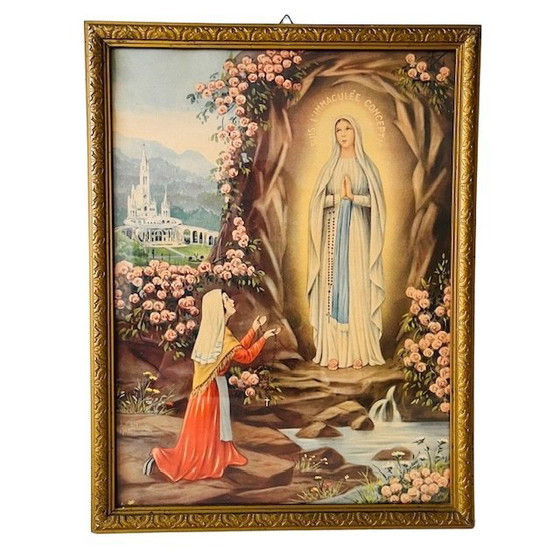 Image 1 of Set vintage religieuze lithografieën schilderijen Maria Lourdes 1940's