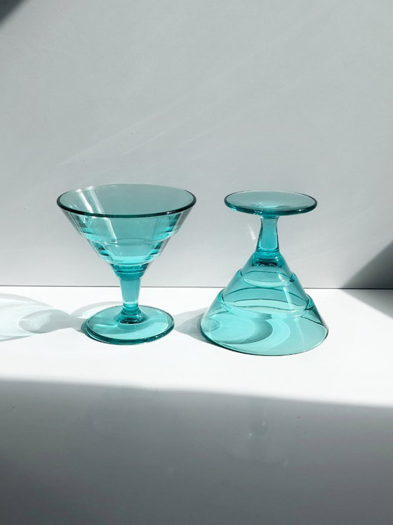 5 Vintage Dessertschalen van Turkoois Glas, Italië Jaren 80, Art Deco Revival – Servies (photo 4 of 5)