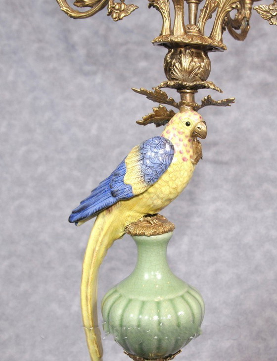 Image 1 of Candlesticks with parrots made of porcelain and bronze