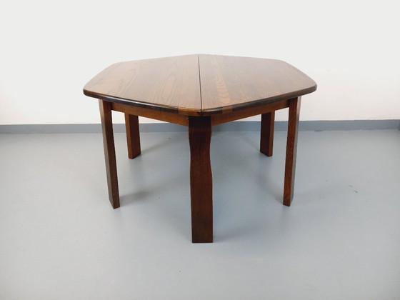 Image 1 of Vintage brutalist hexagonal oak dining table from the 1950s with extension