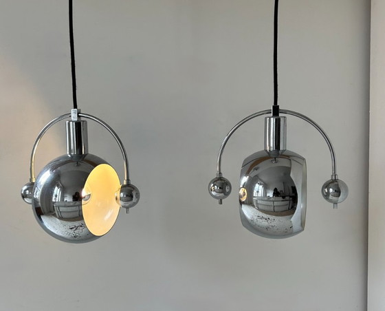 Image 1 of Coppia di lampade a sospensione vintage, metallo cromato, Francia 1960