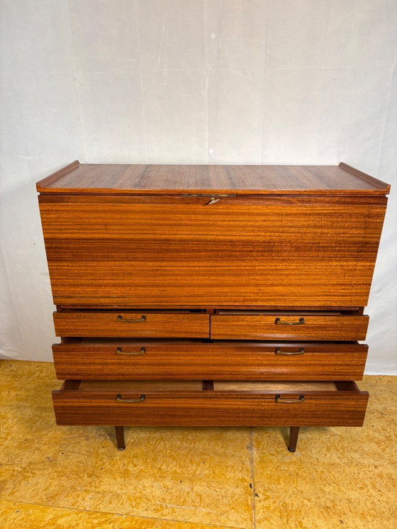 Image 1 of Mid-Century Retro Vintage Teak Bureau / Desk by Meredew 1960  Large Writing Surface • Danish Design Influence • Elegant Storage 